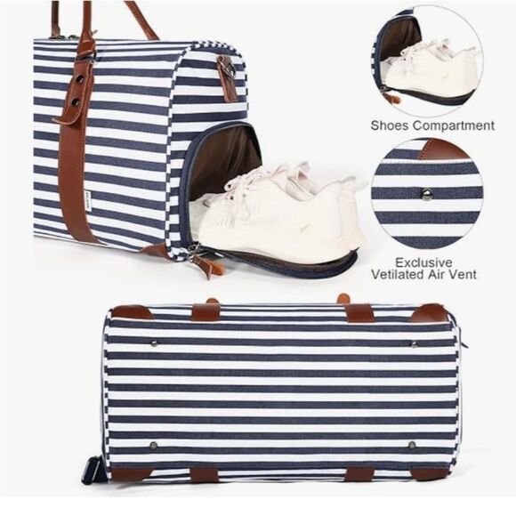 Striped Blue and White Travel Bag with Brown Accents - Picture 5 of 7